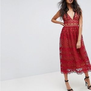 ASOS Boohoo Red Lace Midi Dress